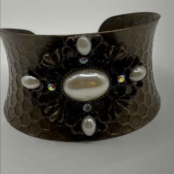 Bronze Honeycomb Faux Pearl Rhinestone Bracelet Cuff 6-9” Southwestern Style - Picture 2 of 7